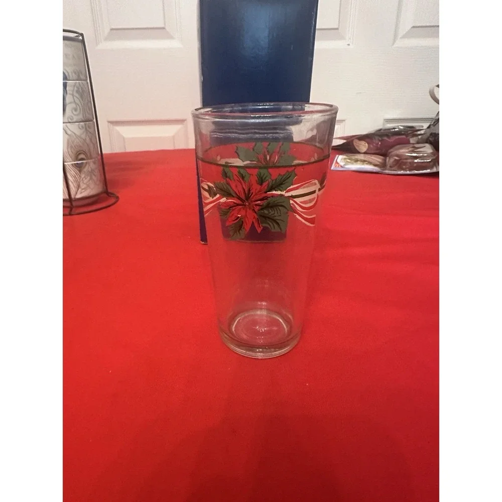 Set of Six Poinsettia Heavy Clear Glass Christmas Cups